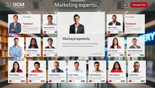 An interactive virtual marketplace interface displaying a diverse selection of marketing experts with detailed profiles, client testimonials, and areas of expertise, highlighting the platform