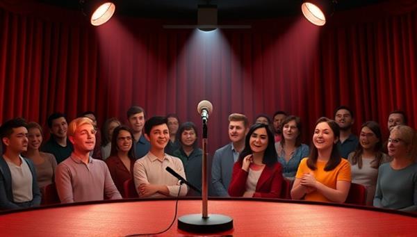 A virtual comedy club stage setup with a microphone, spotlight, and a backdrop of laughing audience avatars, with comedians performing live stand-up acts and engaging with viewers in a fun and interactive online comedy club atmosphere.