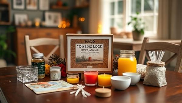 A cozy and inviting home setting with a beautifully arranged DIY candle making kit on a wooden table, surrounded by vibrant colored wax, fragrant oils, wicks, and decorative molds, evoking warmth and creativity.