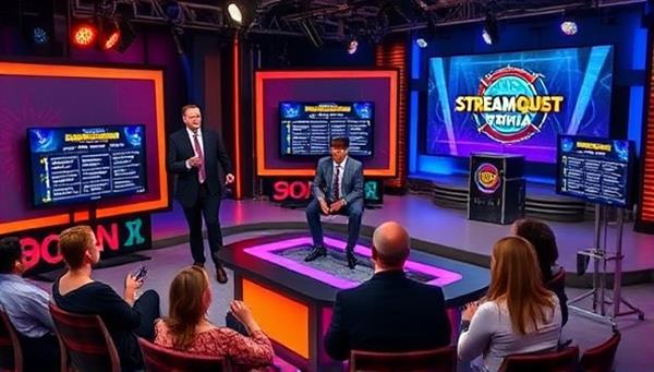 An energetic live streaming studio setup with colorful lights, interactive screens displaying trivia questions, and enthusiastic hosts engaging with both on-screen participants and virtual audience members, capturing the excitement and interactivity of StreamQuest Trivia game shows.