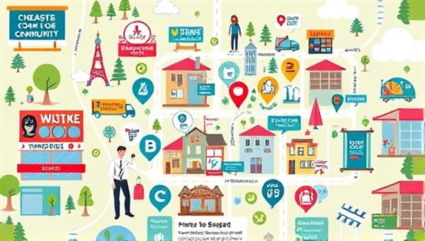 A vibrant and interactive map illustration showcasing local businesses and residents engaging with hyper-local ads and promotions in a community setting, with colorful icons representing different businesses and activities, emphasizing community-driven advertising and connection.