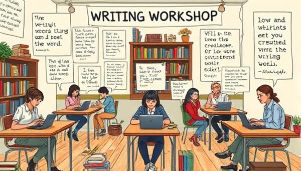 An artistic illustration of a virtual writing workshop with participants from around the world, each seated at a digital desk with a typewriter or laptop, surrounded by inspirational quotes, bookshelves, and creative writing prompts, fostering a collaborative and imaginative writing environment.