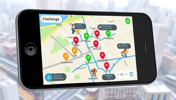 An interactive mobile app interface displaying a map with colorful markers indicating challenge locations and checkpoints around a cityscape, overlaid with animated characters embarking on exciting commute adventures, capturing the spirit of exploration and competition within CommuteQuest