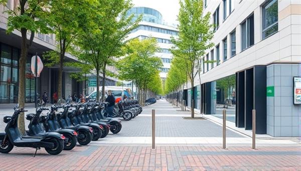 An urban street scene with a row of electric scooters parked at a charging station, surrounded by modern buildings and green trees, illustrating the fusion of technology and sustainability in urban mobility.