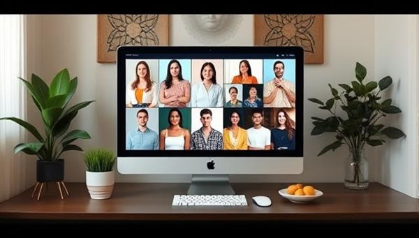 An inviting virtual consultation room with a diverse group of wellness practitioners displayed on a computer screen, showcasing a range of holistic therapies and treatments available through Harmony Haven