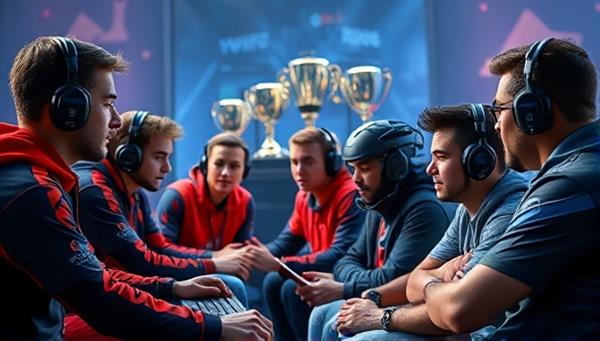 A digital artwork featuring a group of diverse amateur gamers receiving coaching and guidance from industry professionals, with gaming equipment and trophies in the background, symbolizing mentorship and growth in the eSports world.