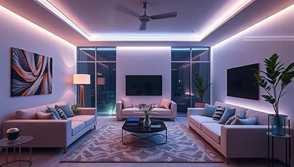 A futuristic living room setting with voice-activated smart devices, automated lighting, and a home assistant system, showcasing the seamless integration of technology and modern design in a home renovation project.