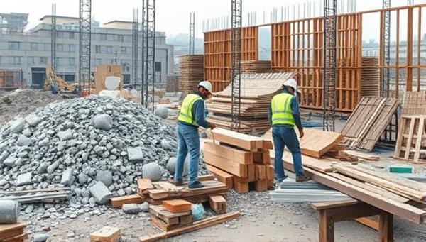 A construction site scene with workers sorting and recycling various building materials like concrete rubble, timber scraps, and metal frames, showcasing the eco-friendly practices and waste reduction efforts of EcoCycle Construct in action.