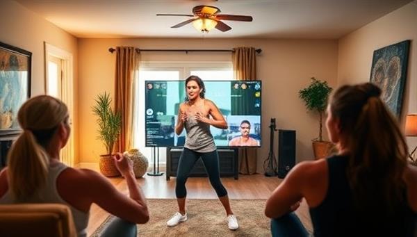 A dynamic and energetic virtual fitness class led by a certified trainer through the FitFusion platform, with participants following along from their homes, showcasing the convenience and effectiveness of virtual workout sessions offered by FitFusion.