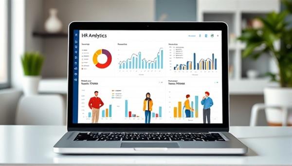 A laptop displaying HR analytics dashboards with diverse team illustrations, symbolizing HR expertise and workforce optimization in a virtual setting.