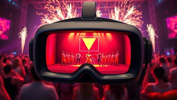 An immersive VR headset displaying a vibrant virtual concert stage with animated avatars of attendees dancing and enjoying the music, surrounded by virtual fireworks and light effects, capturing the excitement and energy of a live music event.