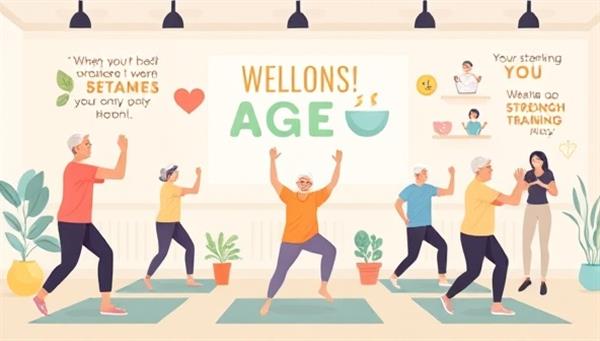 An uplifting digital illustration of a virtual fitness session for seniors with participants engaging in gentle exercises, stretching routines, and strength training activities, surrounded by motivational quotes and wellness symbols, conveying a sense of vitality and active aging.