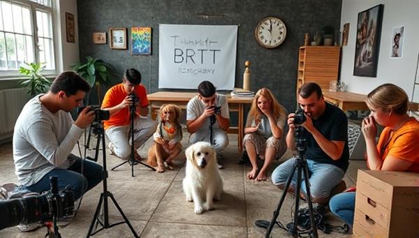 An inspiring image of a virtual pet photography workshop with participants practicing composition techniques with their pets, surrounded by cameras, props, and a creative atmosphere, conveying a sense of artistry and connection.