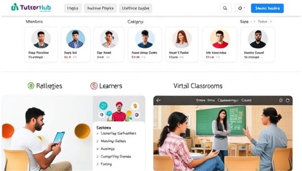 An interactive online tutoring portal featuring diverse skill categories, mentor profiles, and virtual classrooms for specialized learning sessions, with learners engaging in skill development activities and mentors providing guidance and expertise, showcasing the dynamic and inclusive nature of SkillMentor Hub