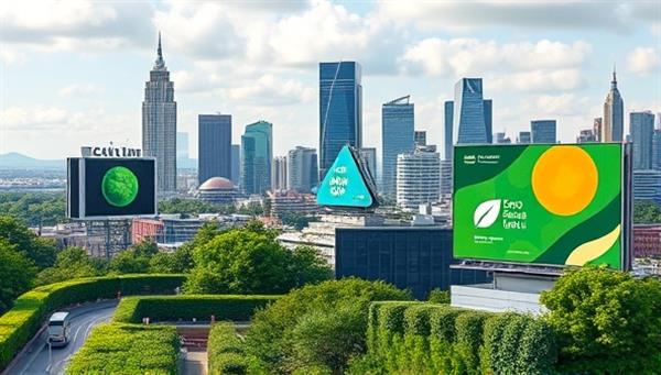An urban skyline with digital billboards showcasing vibrant eco-friendly ads, powered by solar panels and surrounded by lush greenery, illustrating the harmonious blend of sustainability and advertising in a modern cityscape.