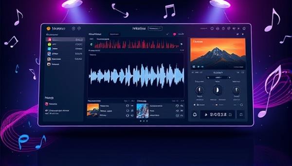 An artistic rendering of a digital interface with a sleek design, showcasing various music tracks, mixing tools, and sound effects, surrounded by creative elements like musical notes and waveforms, illustrating the platform