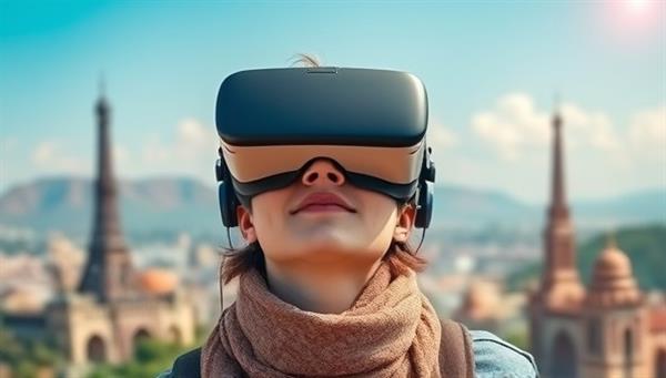 An individual wearing a VR headset, immersed in a breathtaking virtual landscape with iconic landmarks, showcasing the transformative power of virtual reality travel experiences.