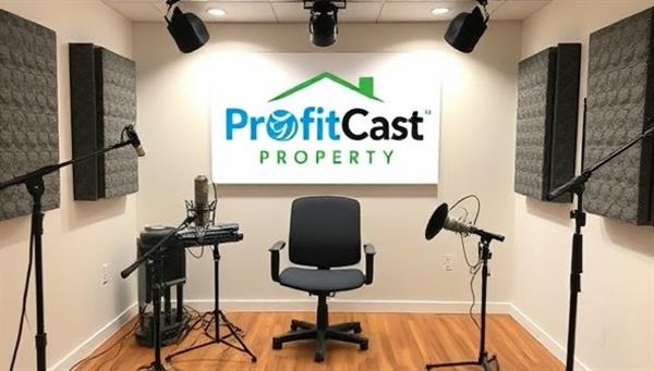 A podcast studio setup with recording equipment, microphones, and soundproofing panels, showcasing the behind-the-scenes of ProfitCast Property