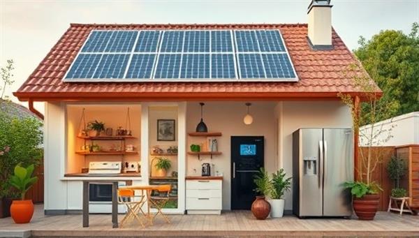 An eco-friendly smart home setup with solar panels on the roof, energy-efficient appliances, and the EcoHub device prominently displayed, showcasing a sustainable and modern living environment.