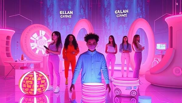 An innovative digital landscape featuring a collection of diverse virtual influencers interacting with futuristic products, creating a visually captivating and tech-forward setting.