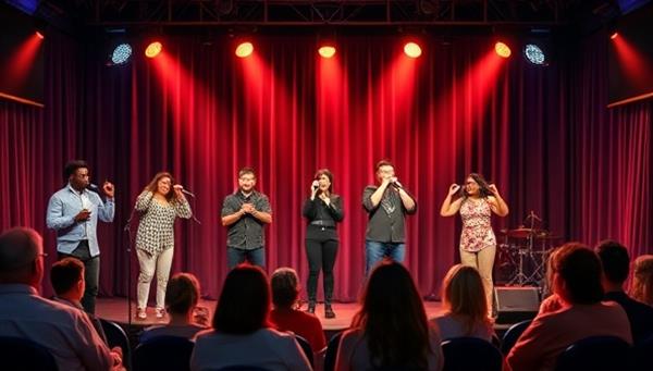 A lively visual representation showcasing a virtual comedy club setting with a stage, spotlight, and a lineup of diverse comedians performing to a virtual audience reacting with laughter, capturing the essence of a fun and entertaining online comedy experience.