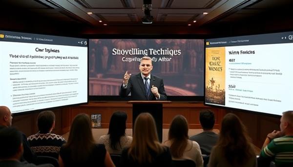 A virtual masterclass setting with a renowned author delivering a captivating lecture on storytelling techniques, surrounded by digital screens displaying writing examples, interactive polls, and a chat box for participant engagement, creating an immersive and educational experience for writers attending the session.