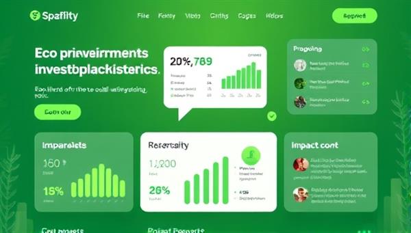 An eco-friendly investment marketplace design featuring green-themed graphics, sustainability metrics, and impact reports for listed projects, conveying transparency and commitment to environmental and social responsibility in sustainable investing.