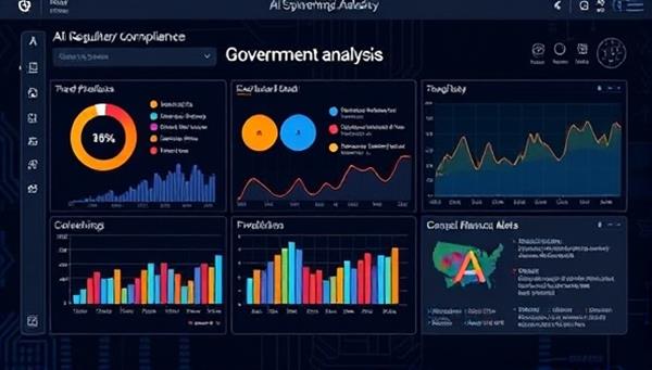 An AI interface displaying real-time regulatory compliance analysis for a government agency, with data visualizations, trend predictions, and compliance alerts, showcasing the seamless integration of AI technology into regulatory governance for enhanced oversight and efficiency.