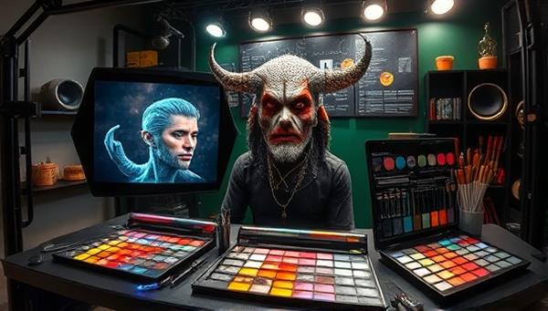 An imaginative visual featuring a virtual makeup studio setup with a special effects makeup artist demonstrating the creation of a fantastical creature look using digital brushes and effects, surrounded by a virtual palette of colors, textures, and makeup tools, showcasing the artistry and creativity of FXFace Studio