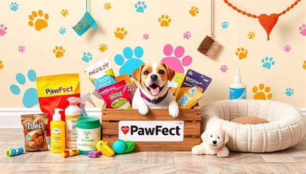 A heartwarming scene of a pet enjoying the contents of a PawFect Care Crate, surrounded by colorful toys, treats, grooming products, and a cozy pet bed, all set against a backdrop of playful paw prints and cheerful pet-themed decorations, capturing the joy and excitement of pet ownership.
