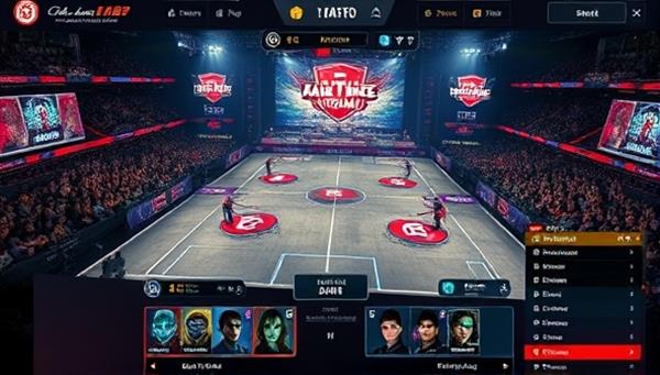 An online gaming tournament interface showcasing a live match with teams competing, viewers cheering in a virtual arena, and dynamic overlays displaying scores and player profiles, creating an exciting and competitive atmosphere.