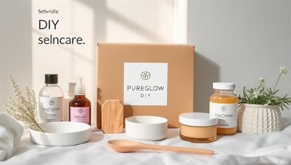 A serene self-care scene showcasing a DIY skincare kit from PureGlow DIY, featuring organic skincare ingredients, mixing tools, and custom skincare recipes, promoting the natural and personalized approach to skincare routines.