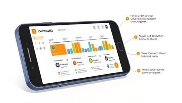 An illustrative depiction of a smartphone displaying the ConstructIQ app interface with interactive project timelines, resource allocation charts, and team communication tools, showcasing convenience and efficiency in construction project management.