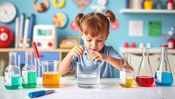A colorful and engaging science lab setup with a child conducting a hands-on experiment from the SciLab Explorers kit, surrounded by test tubes, beakers, and science equipment, evoking curiosity and discovery in a playful learning environment.