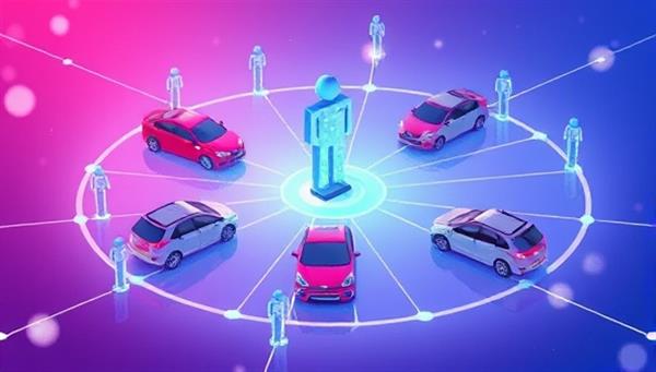 An engaging digital illustration depicting a network of cars interconnected through a virtual platform, symbolizing the seamless and efficient sharing of vehicles among users.