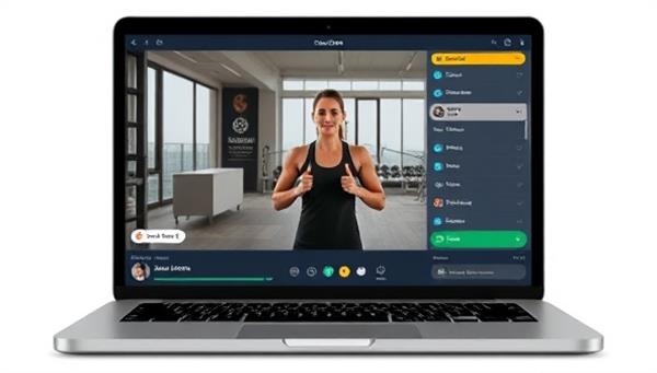A virtual fitness session screen featuring a coach guiding participants through a workout, with motivational messages and progress trackers, showcasing the interactive and engaging nature of the virtual fitness coaching platform.