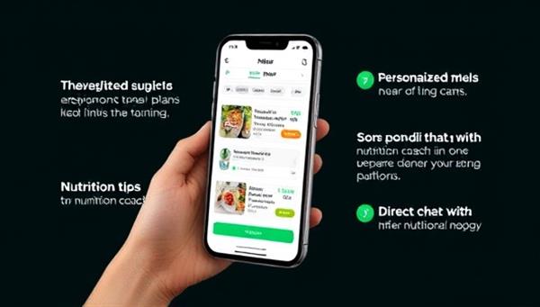 An engaging visual of a smartphone screen displaying the NutriLink app interface, with personalized meal plans, nutritional tips, and a direct chat feature with a nutrition coach, illustrating user-friendly technology and expert guidance in one platform.