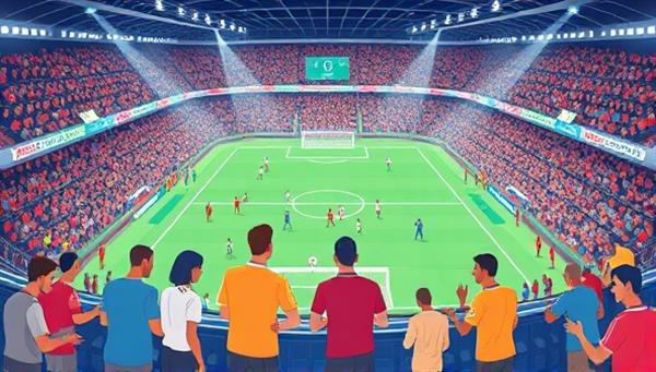 An illustration of a virtual stadium filled with diverse characters interacting and sharing betting tips, statistics, and game predictions, showcasing the vibrant and engaging BetSphere Community platform, emphasizing collaboration and knowledge sharing among sports betting enthusiasts.