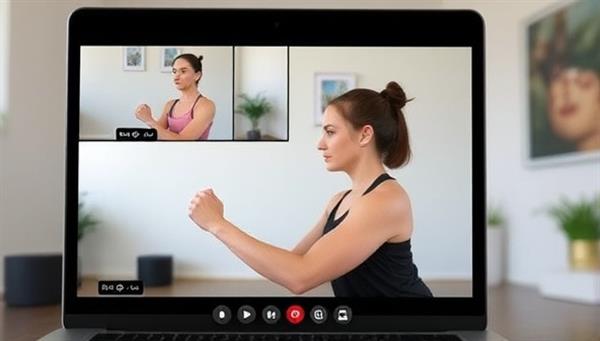 An online workout session with a coach guiding a client through exercises via a video call, showcasing the virtual coaching experience and personalized approach to fitness.