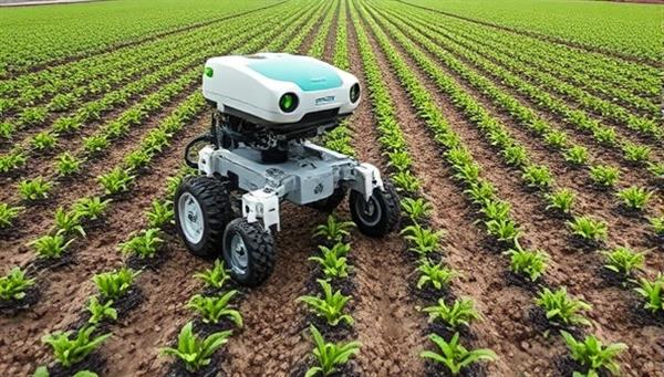 An agricultural robot in action, autonomously planting seeds in a precise pattern in a farm field, showcasing the efficiency and accuracy of robotic farming technology.