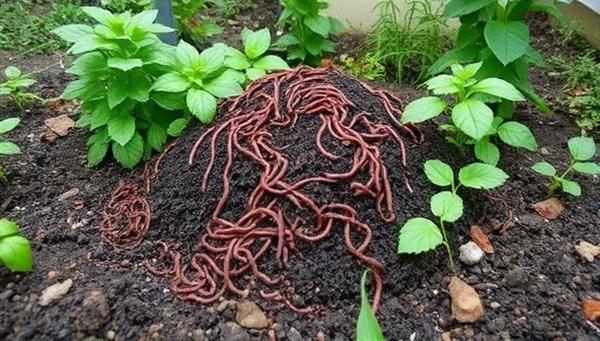 A charming backyard garden scene with earthworms diligently working through a pile of organic waste, transforming it into rich, dark vermicompost, surrounded by lush plants thriving on the nutrient-rich soil, showcasing the beauty and effectiveness of EarthWorm Elegance