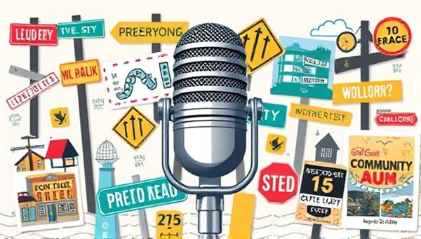An artistic representation of a microphone surrounded by various neighborhood symbols like local landmarks, street signs, and community event posters, symbolizing the essence of hyperlocal podcasting.