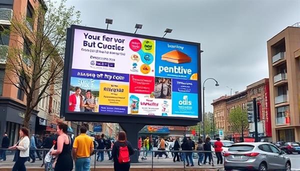 An image of a vibrant digital billboard displaying multiple local ads in a busy neighborhood setting.
