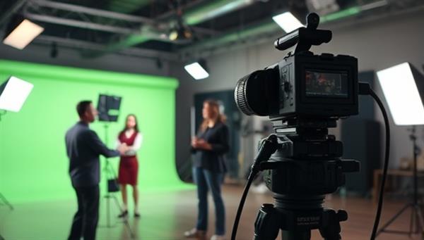 A behind-the-scenes shot of a video production set with cameras, lighting equipment, and a director guiding actors, conveying the professional and dynamic environment of VideOvation Studios