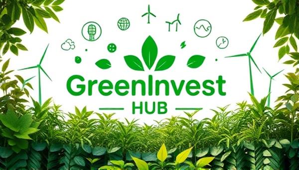 An eco-friendly and nature-inspired design featuring the GreenInvest Hub logo surrounded by lush greenery, renewable energy icons, and sustainable investment symbols, creating a visually appealing representation of the platform