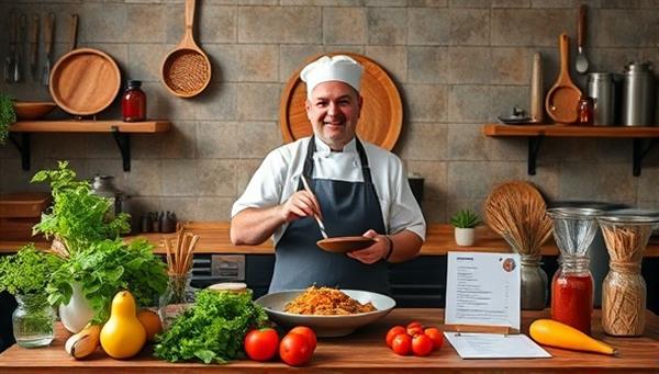 An online culinary class setup featuring a chef demonstrating a traditional dish from a global cuisine, surrounded by cooking ingredients, kitchen utensils, and digital recipe cards, creating an immersive culinary experience for users to explore international flavors and cooking techniques.