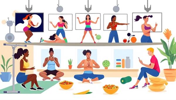 A dynamic digital illustration featuring a diverse group of individuals engaged in virtual fitness classes, surrounded by fitness equipment, healthy snacks, and nutritional guides, with vibrant colors and energetic poses, conveying a sense of motivation and empowerment in achieving fitness goals through the FitFuel Hub platform.