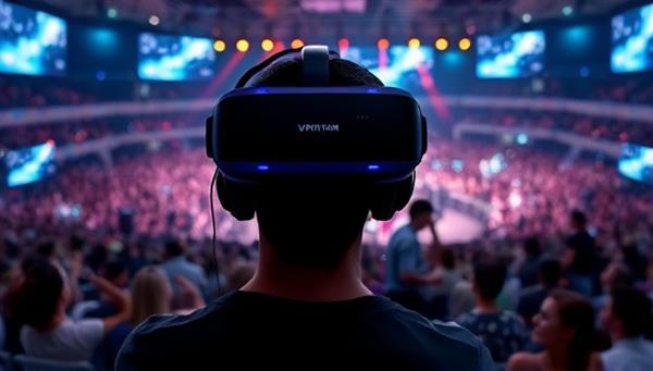 A user wearing a virtual reality headset, attending a live music concert in a digital arena filled with virtual fans and interactive elements, capturing the immersive and dynamic nature of the VRhythm Live virtual reality concert experience.