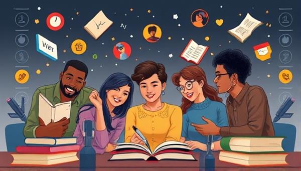 An artistic depiction of a diverse group of writers engaged in a virtual storytelling session, surrounded by floating story elements and literary motifs, with digital pens and books symbolizing creativity and collaboration within the StoryForge Hub community platform.