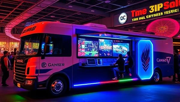 A vibrant and exciting image of a mobile gaming truck parked at a lively event venue, with colorful LED lights, gaming consoles visible through the windows, and enthusiastic players inside enjoying multiplayer games, capturing the essence of on-the-go gaming entertainment with GameWheels On-The-Go.